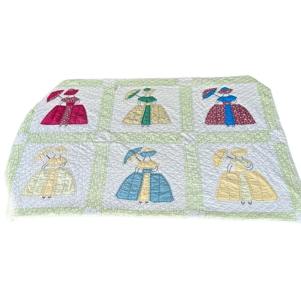 VTG Southern Belle Block Quilt Hand Stitched Quilted Parasol Bonnet Calico 58x76